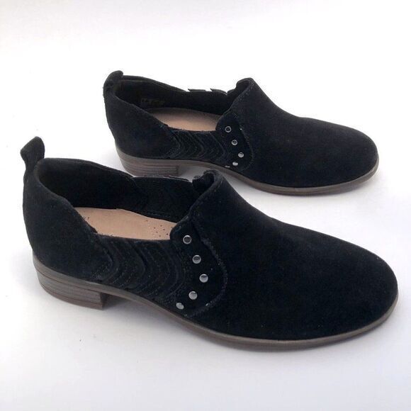 NEW Clarks Trish Bell Studded Leather‎ Flat Slip On Bootie Black Suede - Picture 1 of 6